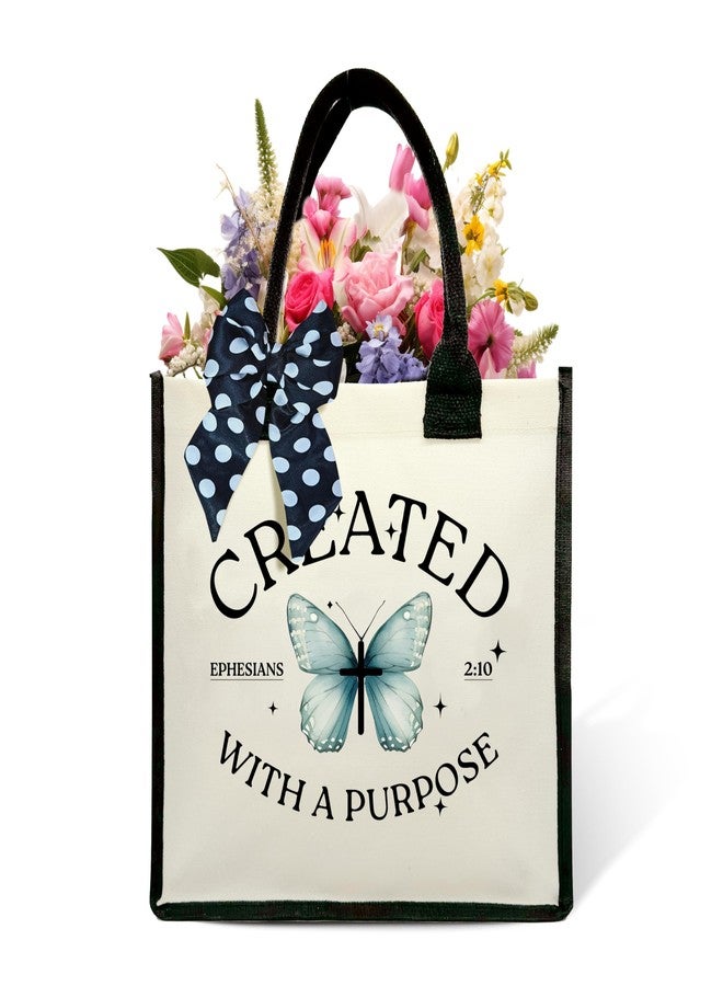 BXVRT Christian Shoulder Beach Bag, Created With A Purpose Canvas Tote Bag, Inspirational Gifts For Women, Bible Verse Butterfly Shopping Bag, Birthday Christmas Motivational Gifts For Friends -30 - Image 1